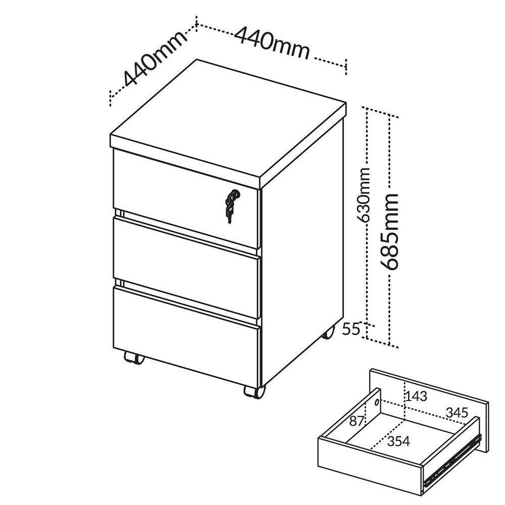 Gaveteiro Para Escritório 3 Gavetas Com Chave E Rodízios Nogal/preto - 3