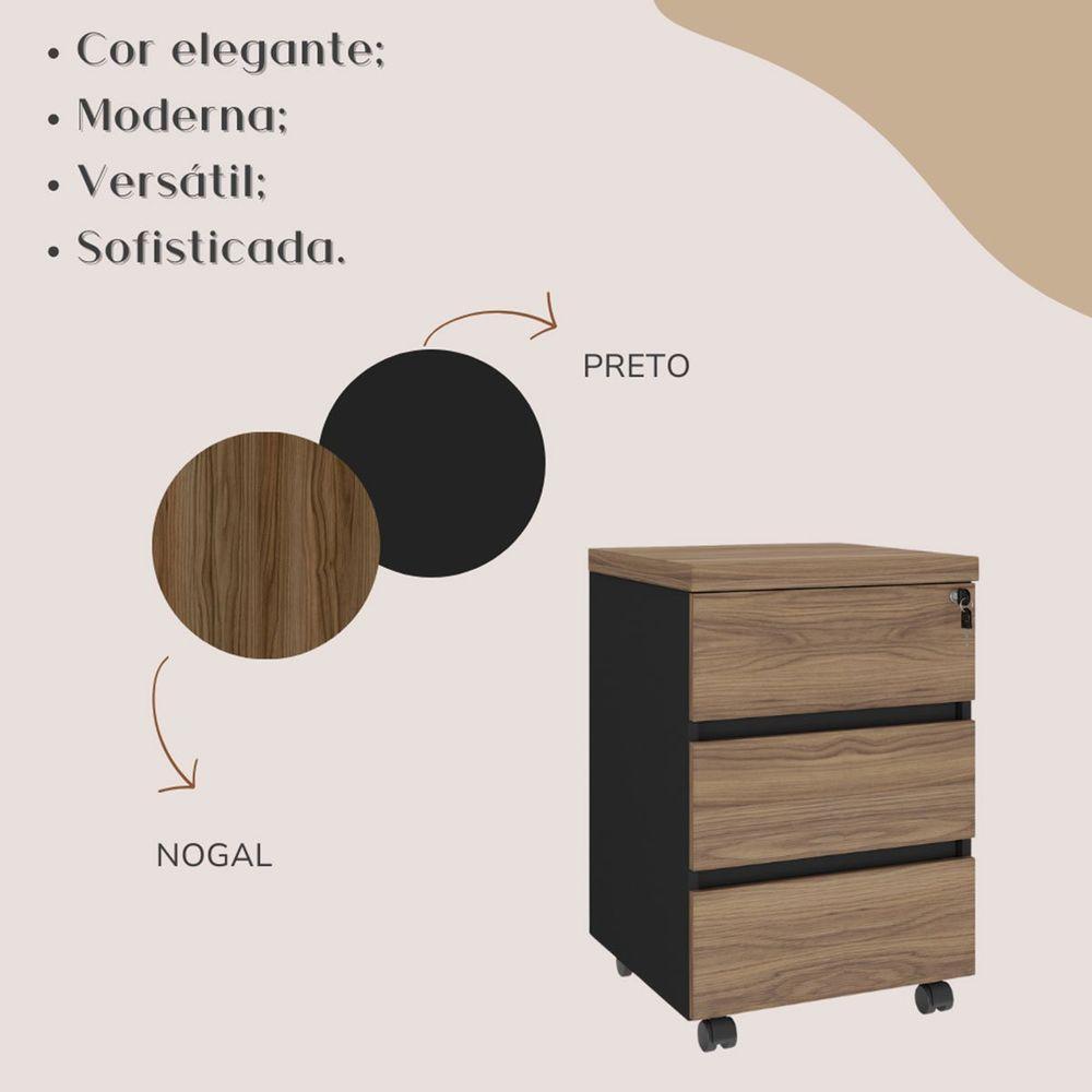 Gaveteiro Para Escritório 3 Gavetas Com Chave E Rodízios Nogal/preto - 10