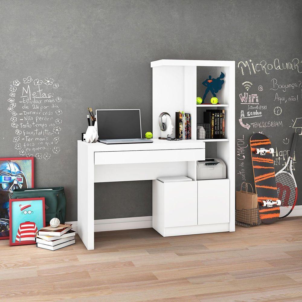 Escrivaninha Estante Para Escritório 2 Portas 1 Gaveta Branco - 3