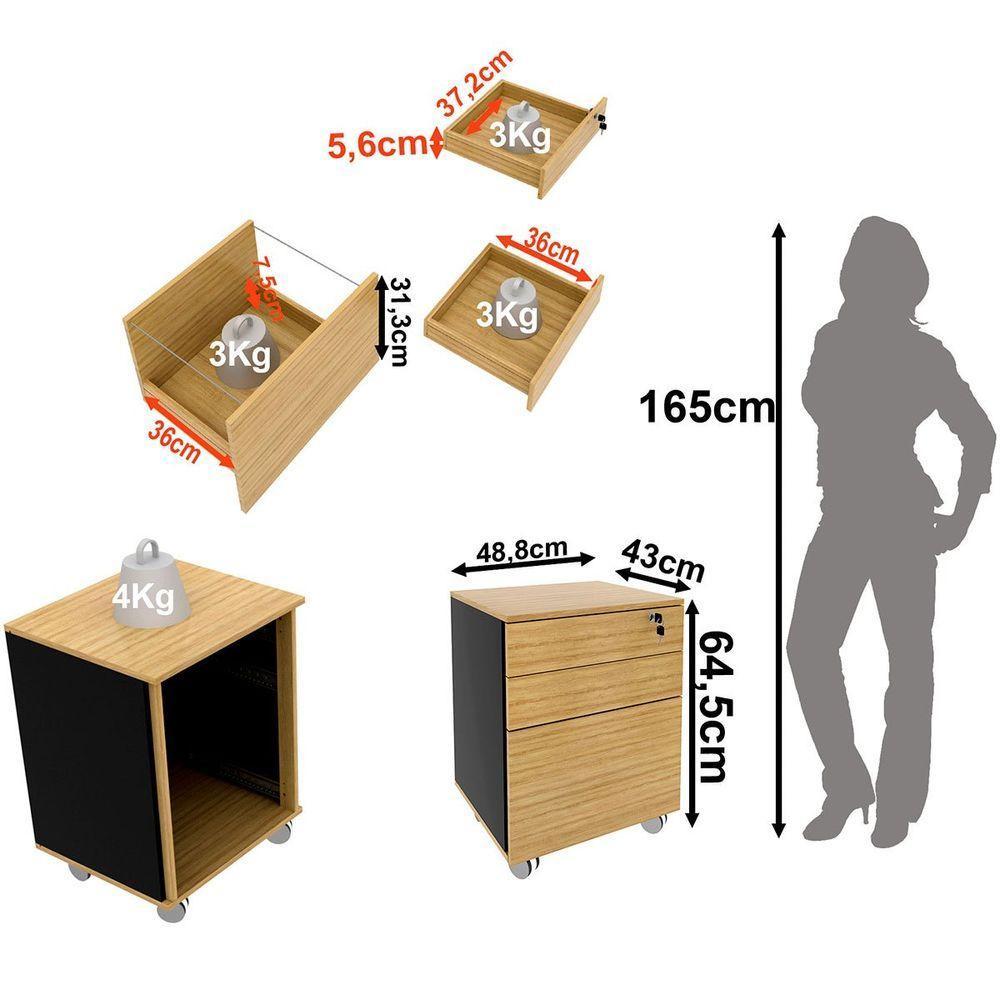 Gaveteiro Para Escritório 3 Gavetas Com Chave E Rodízios Amêndoa/preto - 5