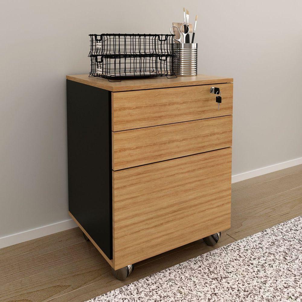 Gaveteiro Para Escritório 3 Gavetas Com Chave E Rodízios Amêndoa/preto - 7