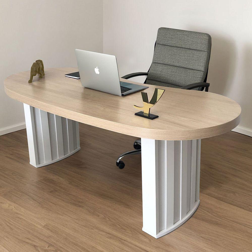 Mesa Para Escritório Com Tampo Curvado E Pés Ripados Carvalho/branco - 10