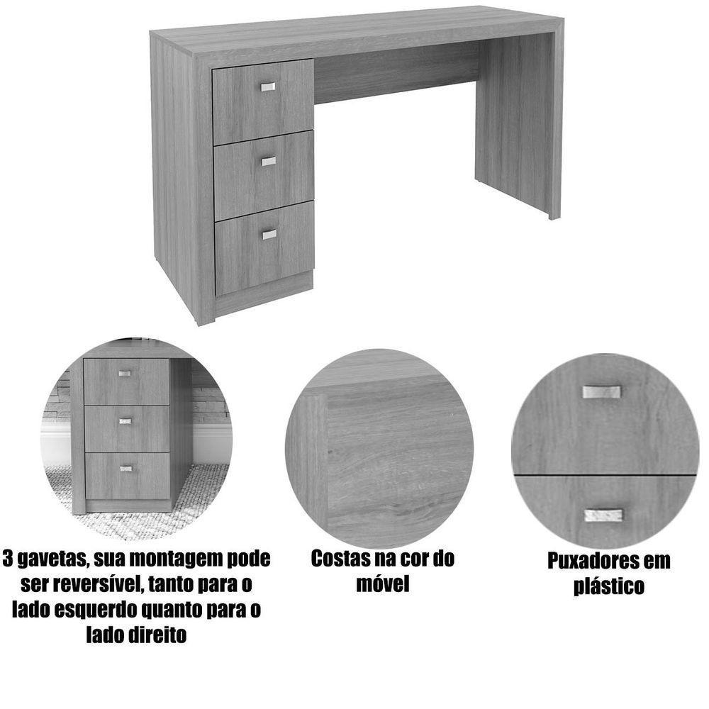Mesa Para Escritório Reversível 136 Cm 3 Gavetas Rústico - 8