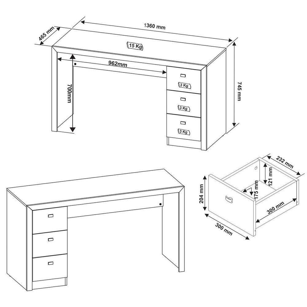 Mesa Para Escritório Reversível 136 Cm 3 Gavetas Rústico - 10