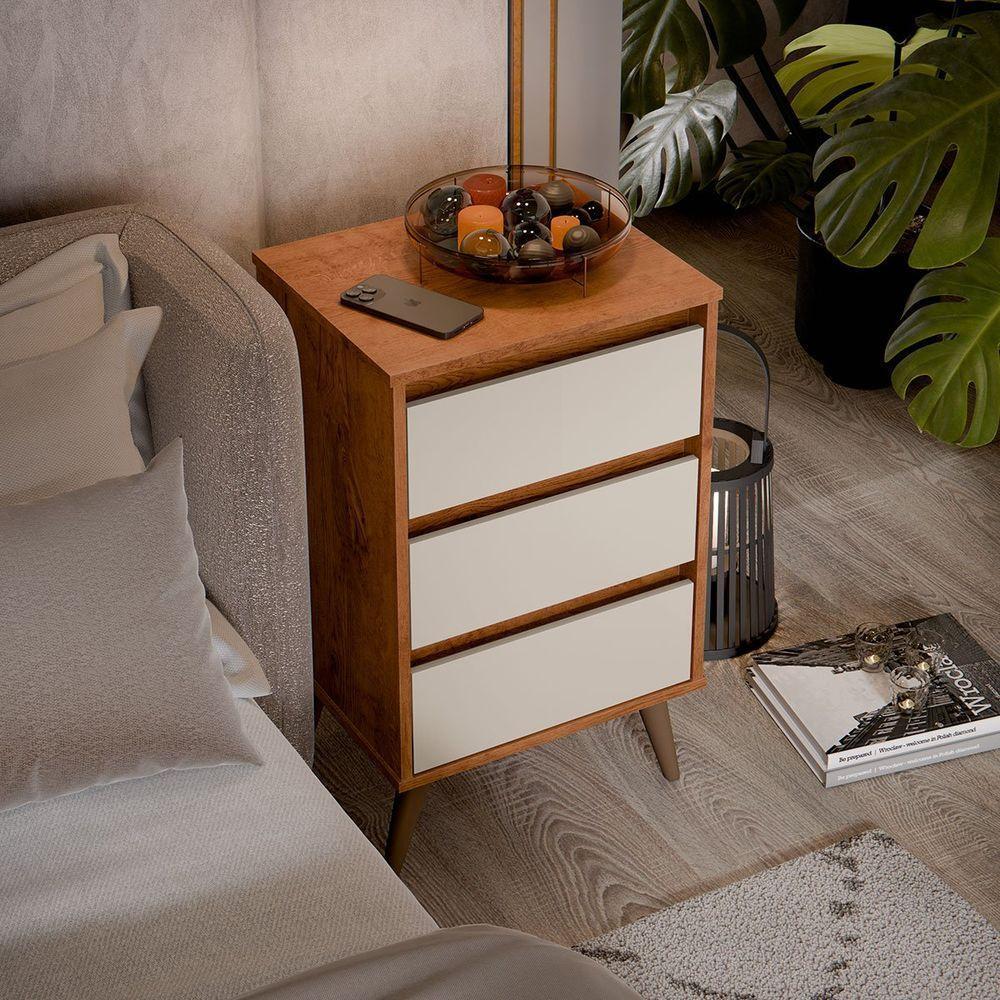 Mesa De Cabeceira 3 Gavetas Com Pés Palito Woon Freijó/off White - 6