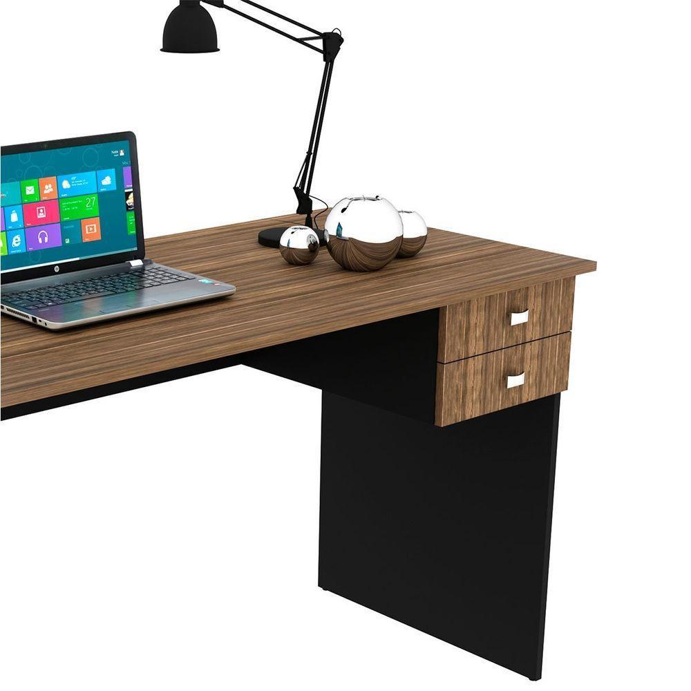 Mesa Para Escritório Escrivaninha 2 Gavetas Nogal/preto - 7