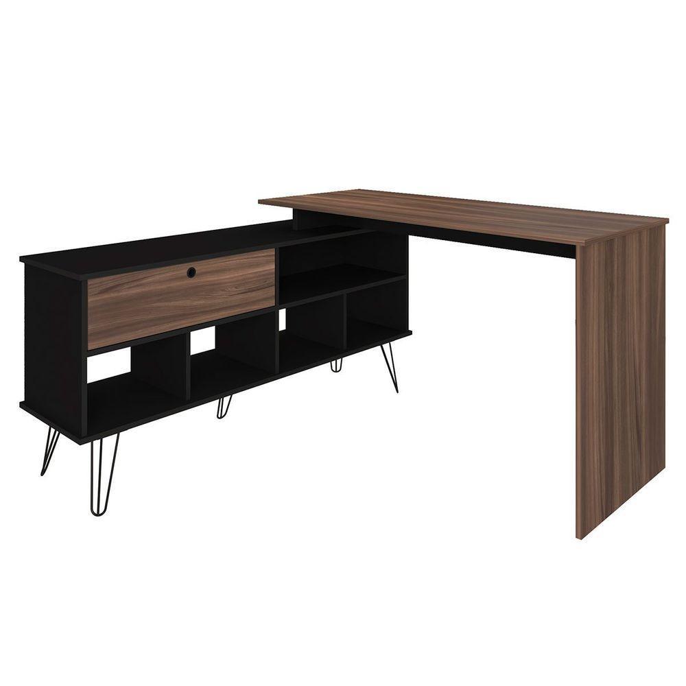 Mesa Escrivaninha Em L Com Porta E 6 Nichos Hawaii Ipê/preto - 1