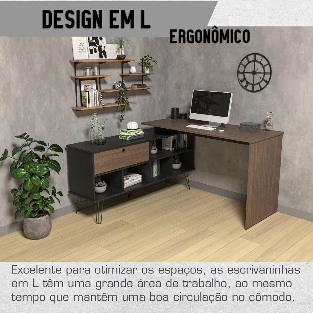 Mesa Escrivaninha Em L Com Porta E 6 Nichos Hawaii Ipê/preto - 7