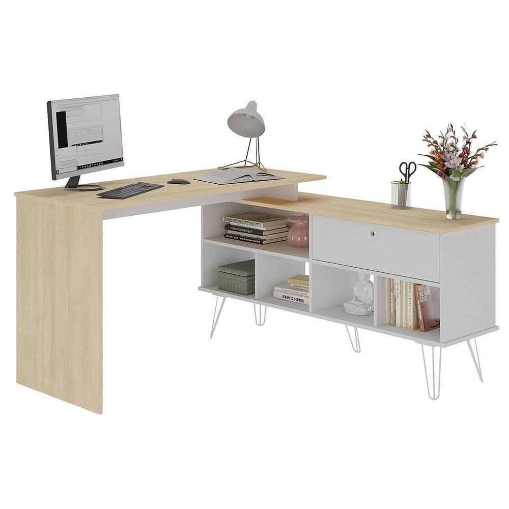Mesa Escrivaninha Em L Com Porta E 6 Nichos Hawaii Carvalho/branco - 1