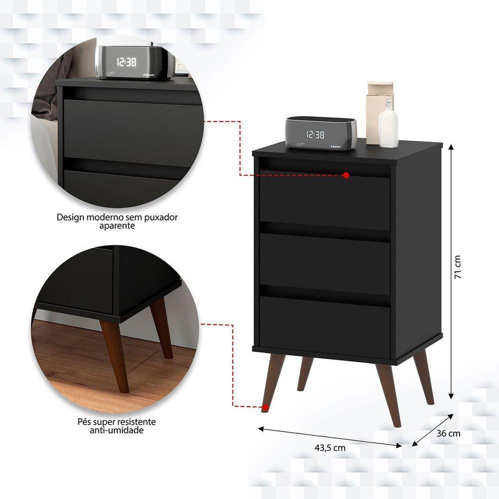 Mesa De Cabeceira 3 Gavetas Com Pés Palito Woon Preto - 4