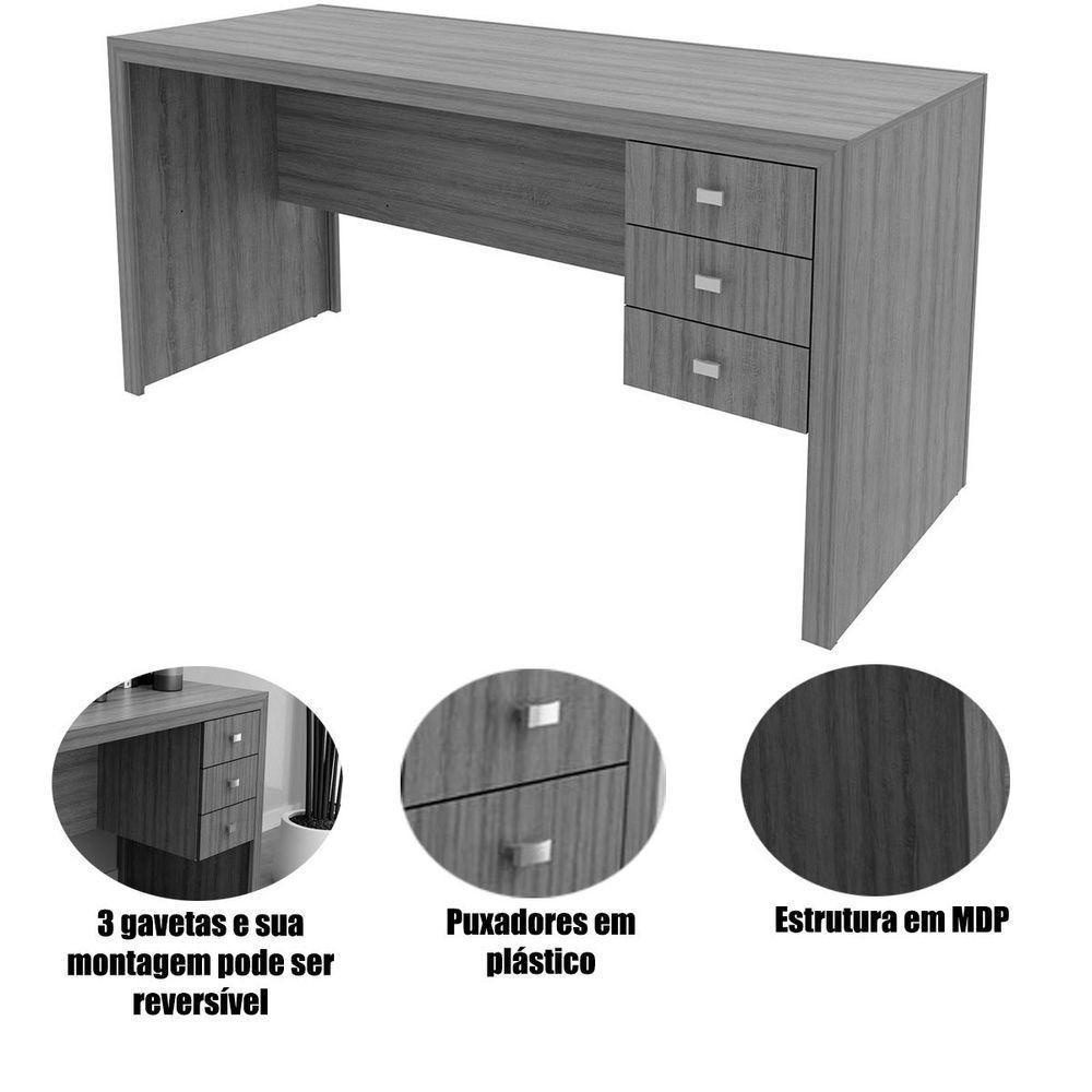 Mesa Para Escritório Reversível 155 Cm 3 Gavetas Amêndoa - 5