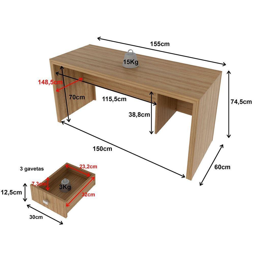 Mesa Para Escritório Reversível 155 Cm 3 Gavetas Amêndoa - 6