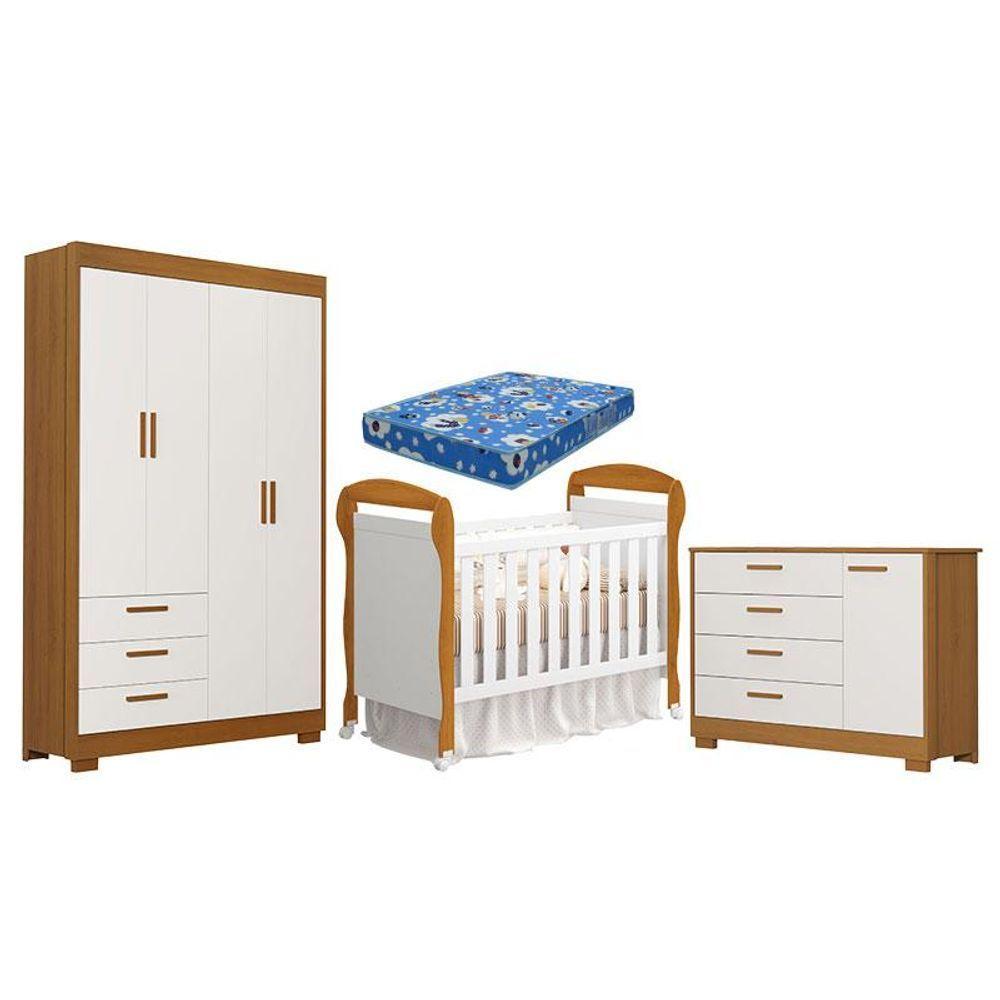 Quarto De Bebê Zaki E Berço Americano Danny Branco Acetinado Savana Com Colchão Ortobom - Reller - 1