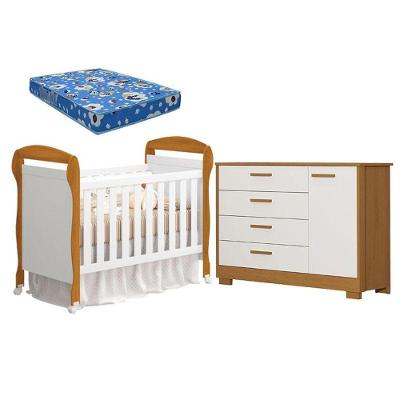 Conjunto Berço Americano Danny e Cômoda Infantil Zaki 1 Porta 4 Gavetas MDF 148cm Branco Reller