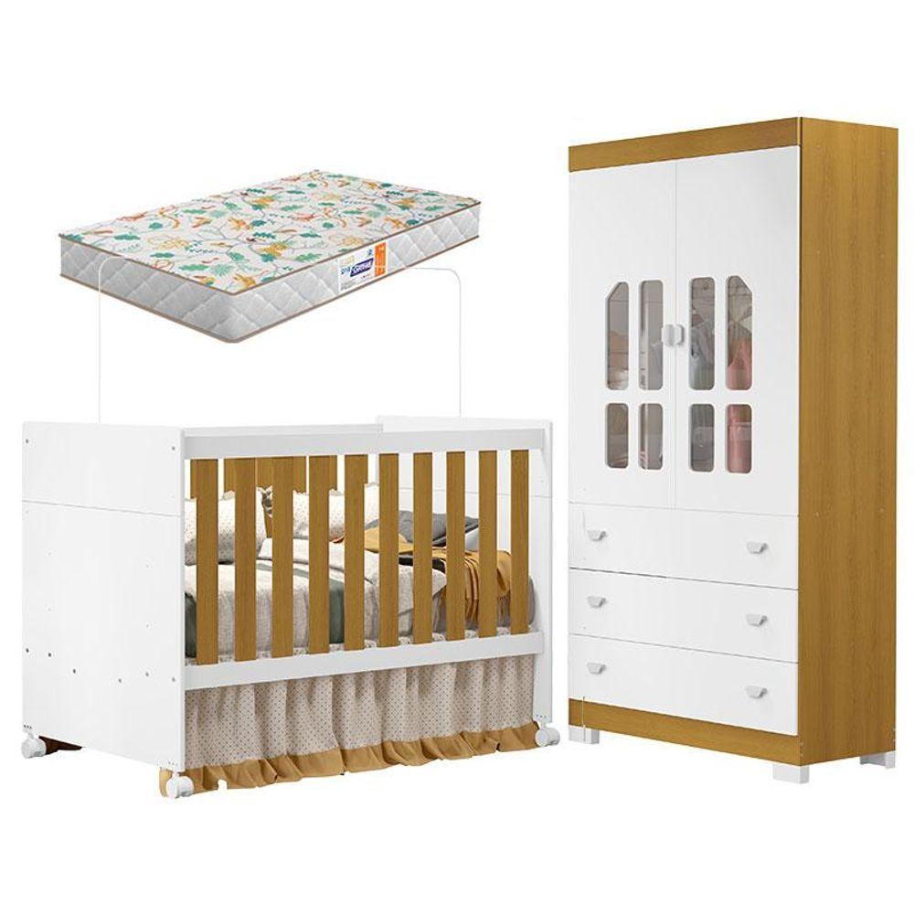 Berço Americano E Guarda Roupa Infantil Katatau Branco Acetinado Savana Com Colchão Gazin - Reller - 1