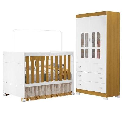 Berço Americano e Guarda Roupa Infantil Katatau 2 Portas 3 Gavetas 100% MDF Branco Acetinado Savana