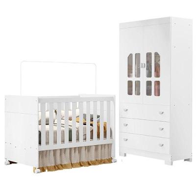 Conjunto Berço Americano e Guarda Roupa Katatau em MDF Branco Acetinado para Quarto de Bebê