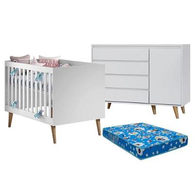 Conjunto Berço Americano Ludmila e Cômoda Gran Lorena MDF com Colchão Incluso Branco Acetinado