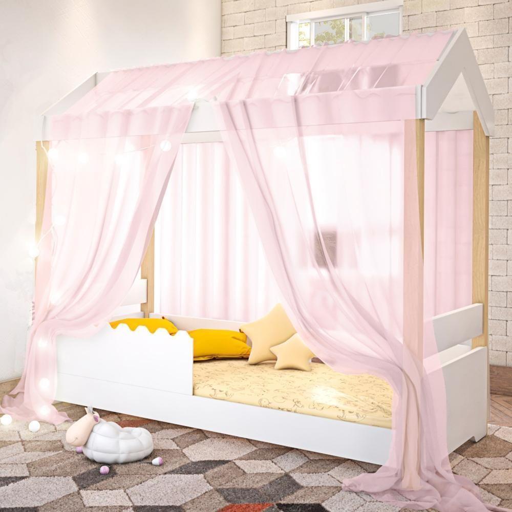 Cama Jéssica Solteiro Branco Com Voal Rosa E Led - 1