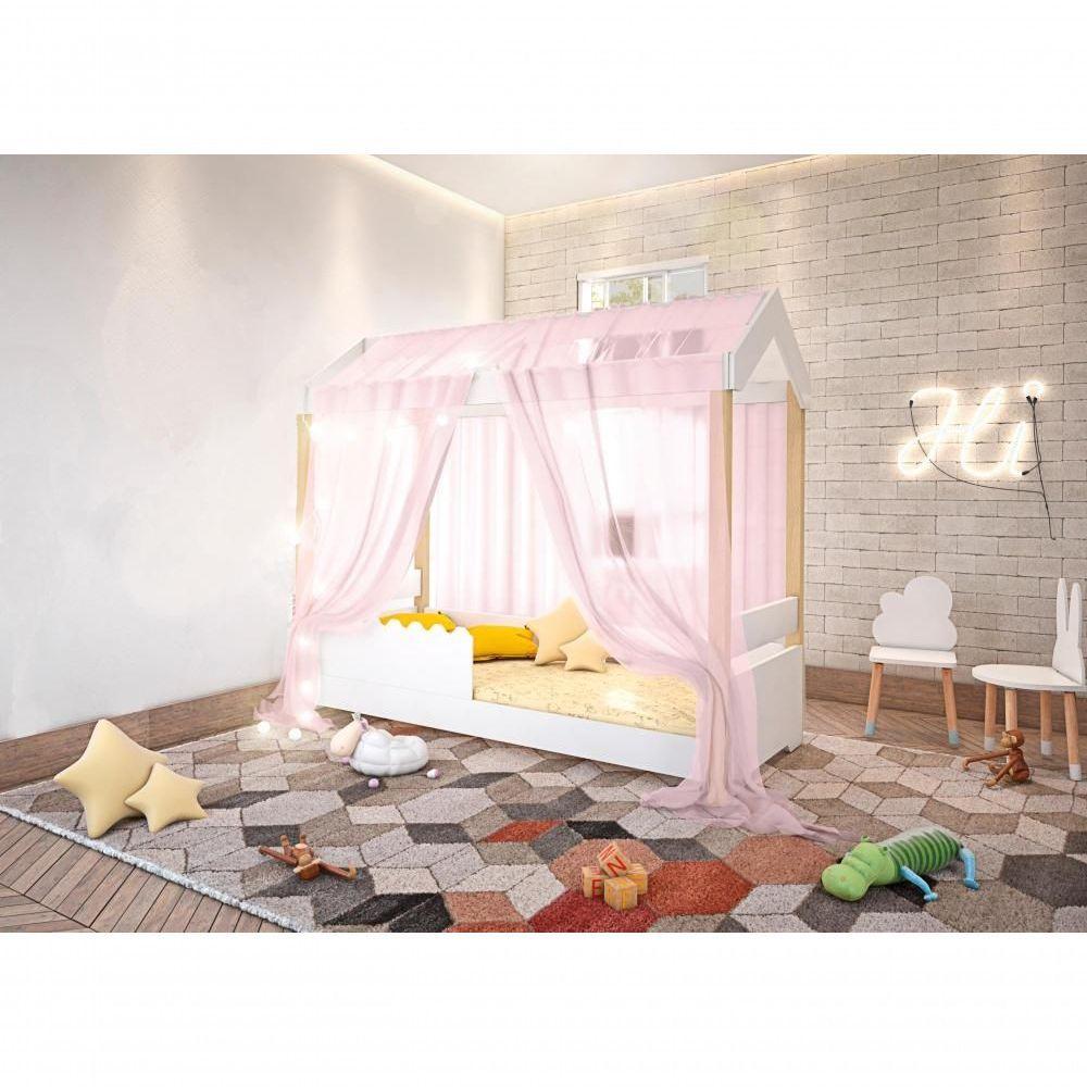 Cama Jéssica Solteiro Branco Com Voal Rosa E Led - 3