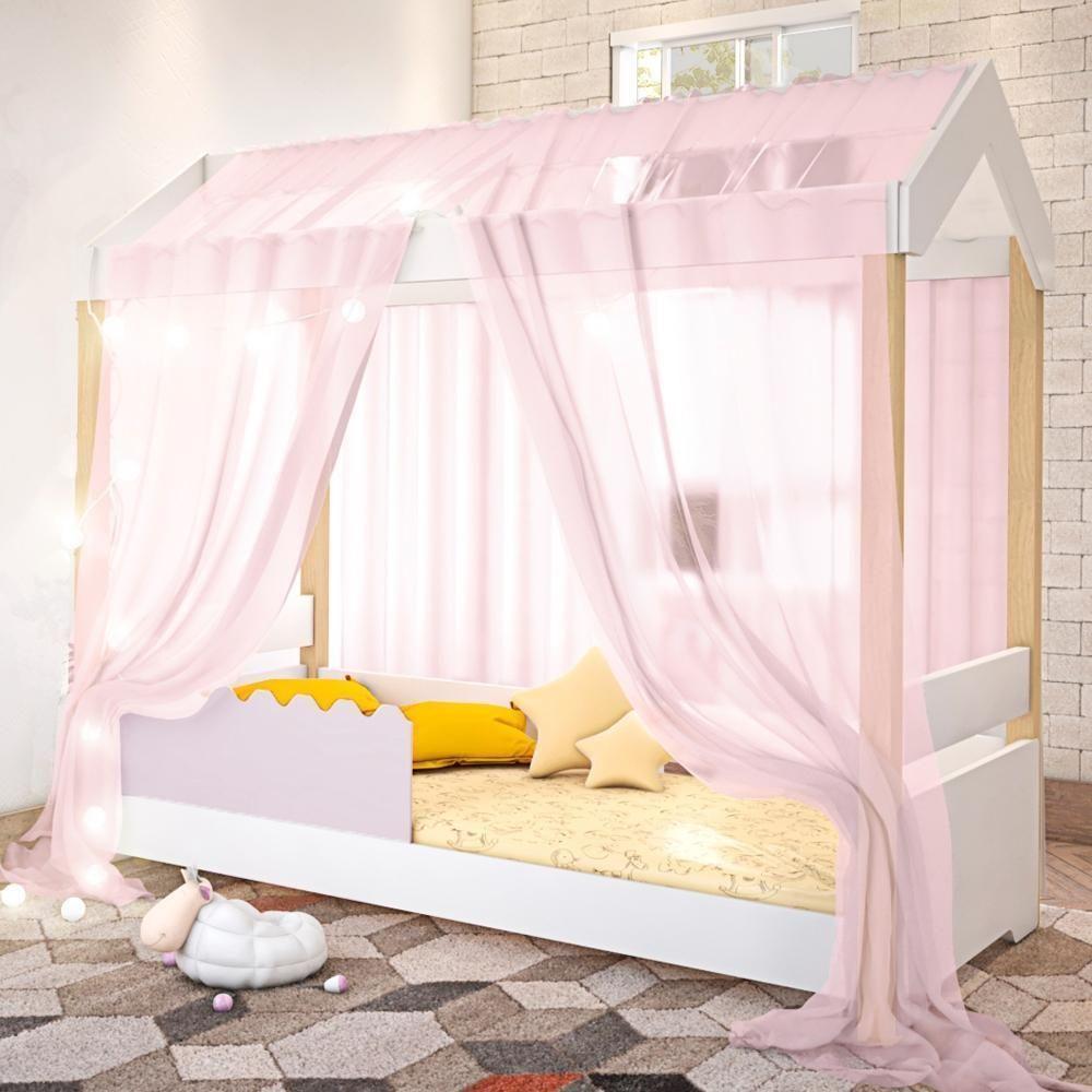 Cama Jéssica Solteiro Branco/rosê Com Voal Rosa E Led - 1