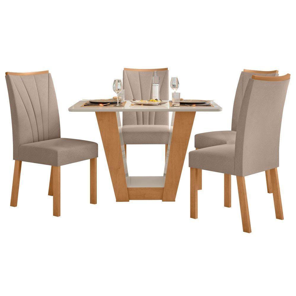 Conjunto Mesa Apogeu 120cm Tampo Mdf/vidro 4 Cadeiras Apogeu Amendoa/off/veludo Creme - 1