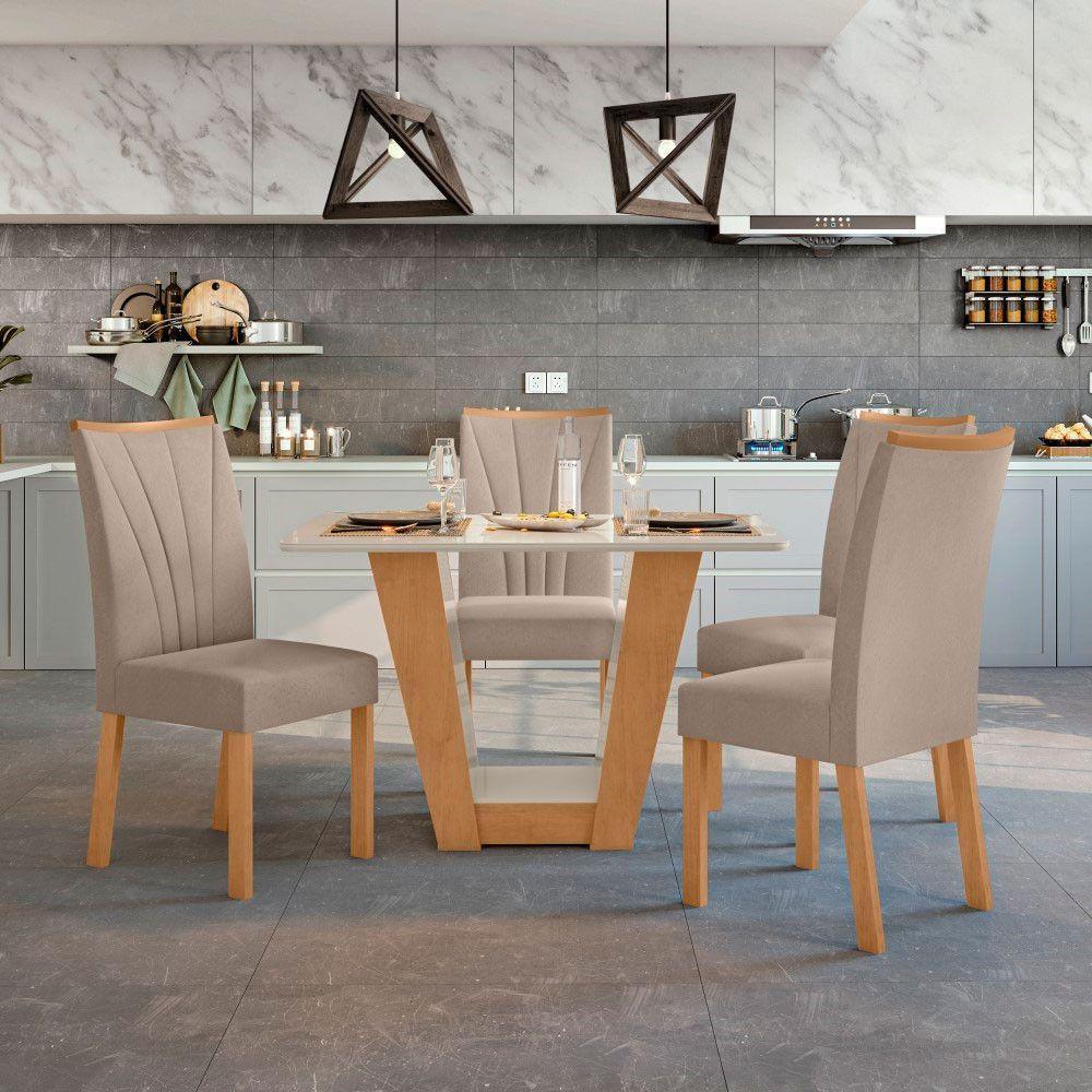 Conjunto Mesa Apogeu 120cm Tampo Mdf/vidro 4 Cadeiras Apogeu Amendoa/off/veludo Creme - 4