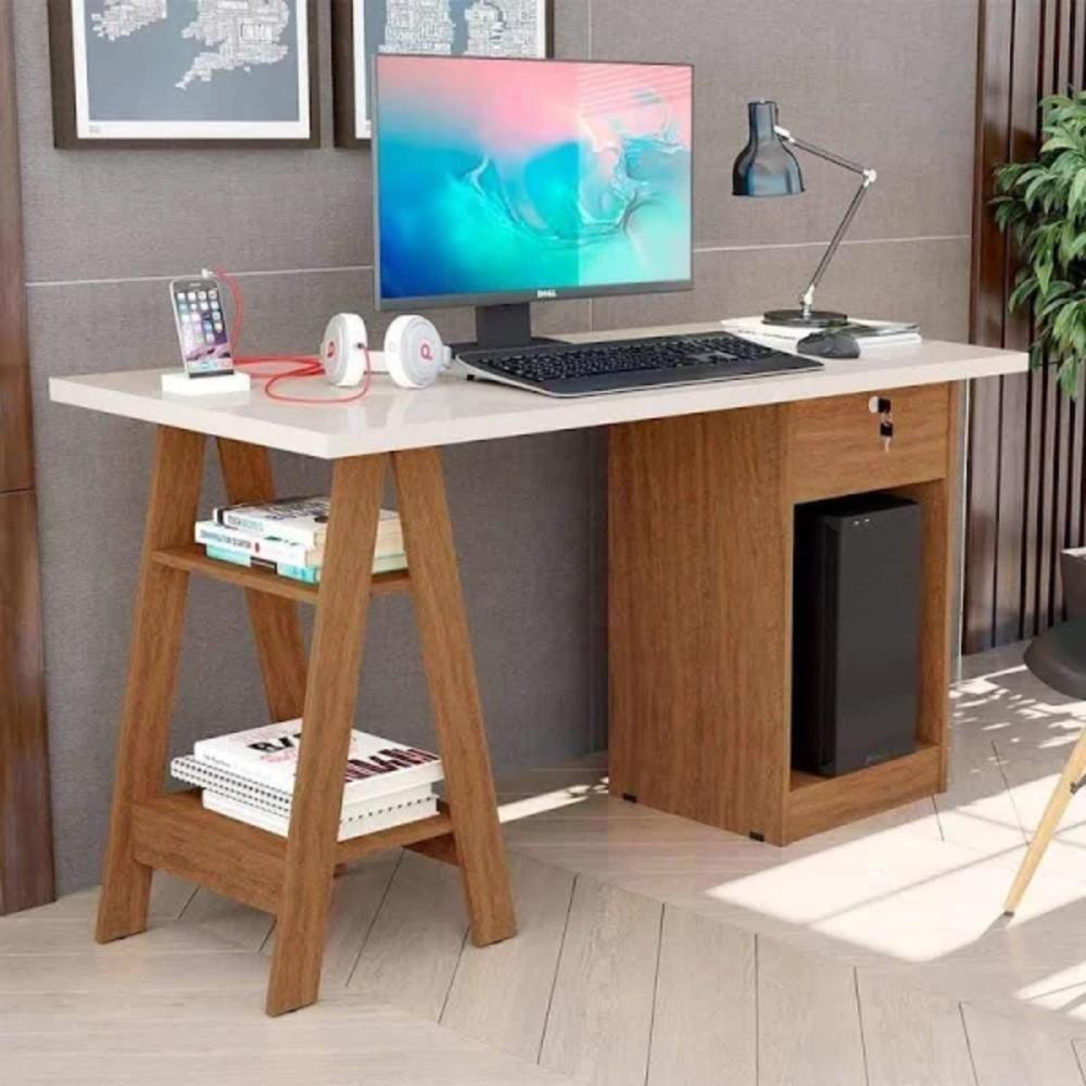 Escrivaninha Com 2 Prateleiras Juan Off White E Canela - 1