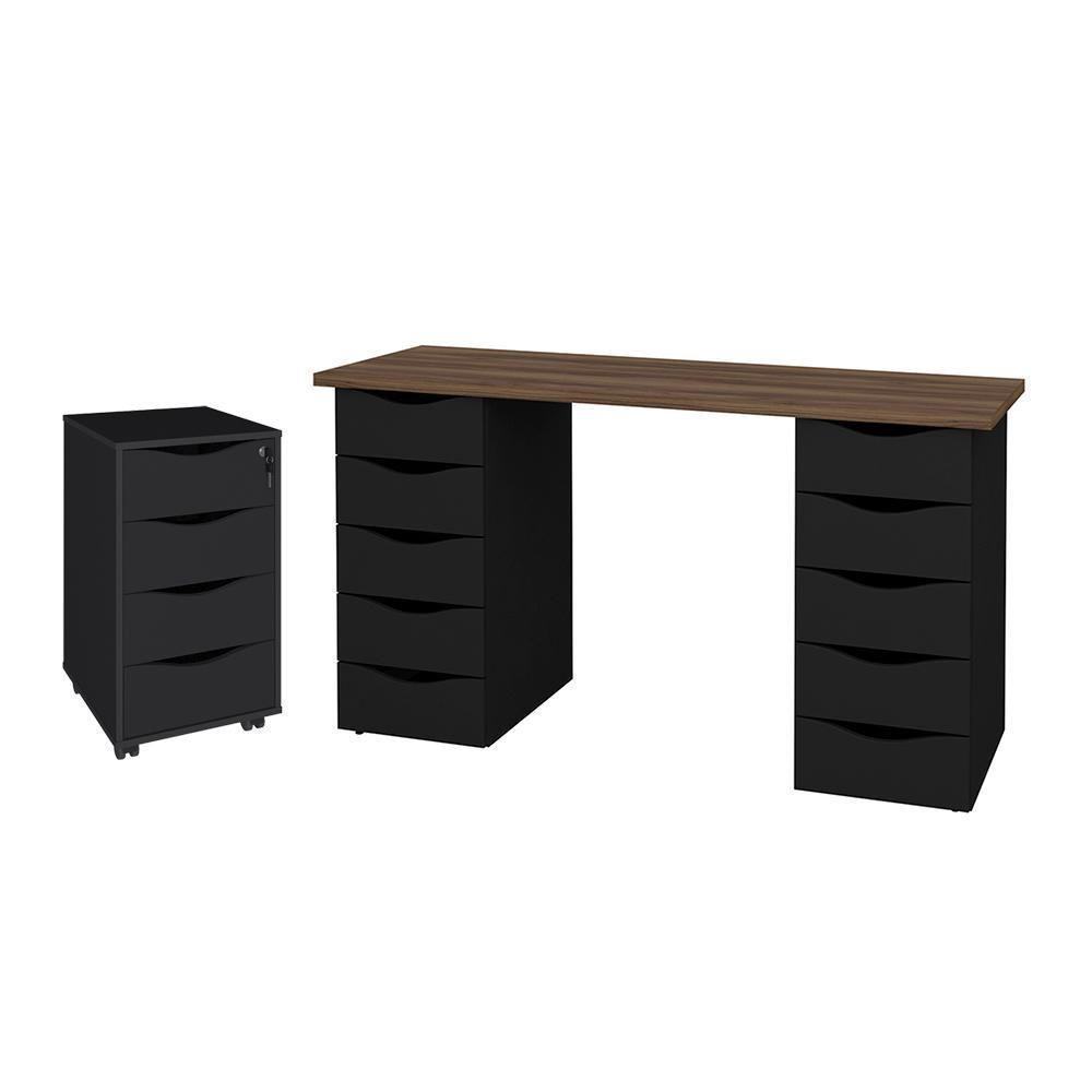 Conjunto Escrivaninha E Gaveteiro Huddersfield Nogal Preto - 1