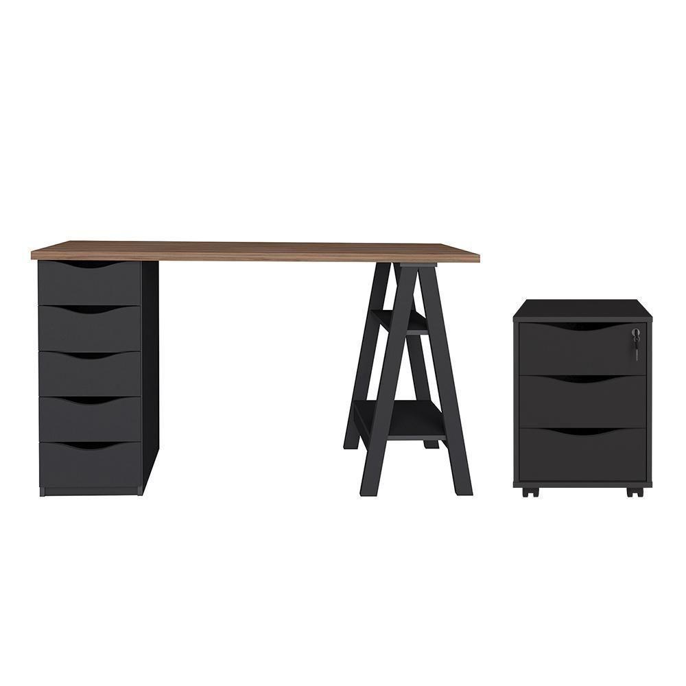 Conjunto Escrivaninha E Gaveteiro Leverkusen Nogal Preto - 1