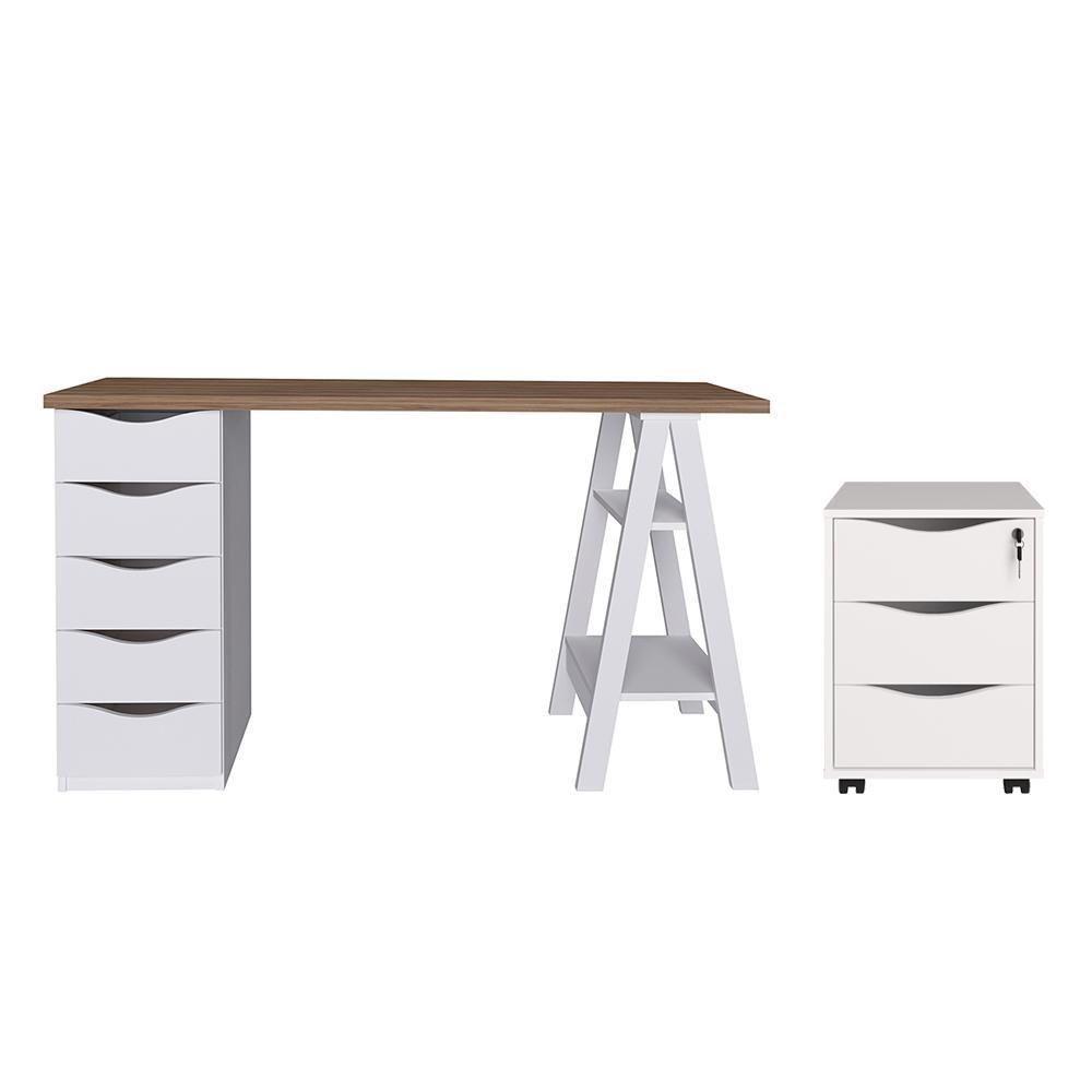 Conjunto Escrivaninha E Gaveteiro Leverkusen Nogal Branco - 1