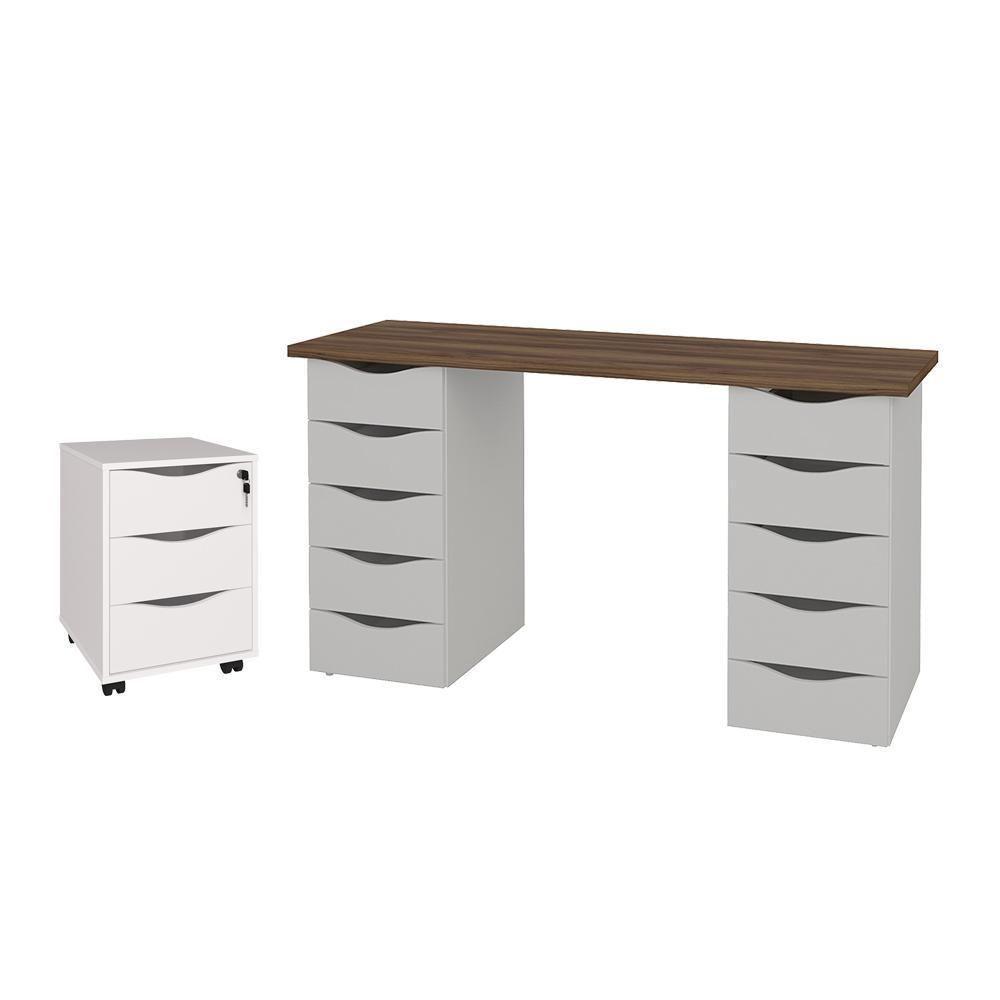 Conjunto Escrivaninha E Gaveteiro Dundee Nogal Branco - 1