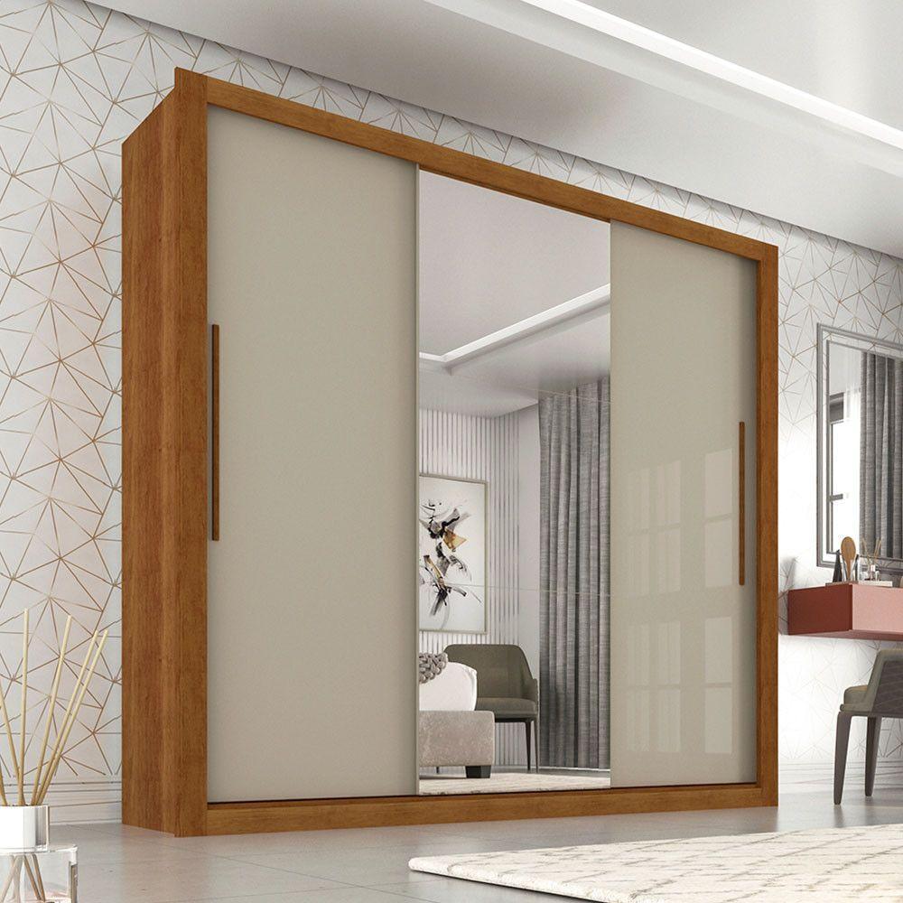 Guarda Roupa Casal Com Espelho 3 Portas 4 Gavetas Panamá Sallêto Móveis Cinamomo Com Off White - 1