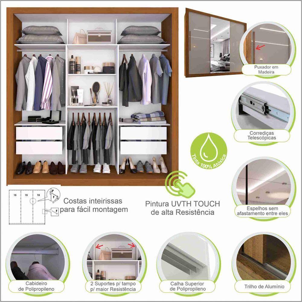 Guarda Roupa Casal Com Espelho 3 Portas 4 Gavetas Panamá Sallêto Móveis Cinamomo Com Off White - 3