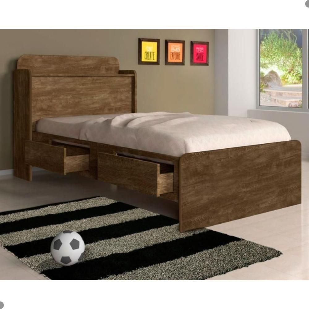 Cama Solteiro Tamires Baú Castanho Com Gavetas - 1