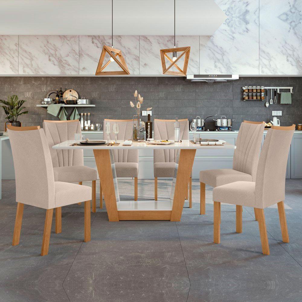 Conjunto Mesa Apogeu 170cm Tampo Mdf/vidro 6 Cadeiras Apogeu Amendoa/off/veludo Creme - 2