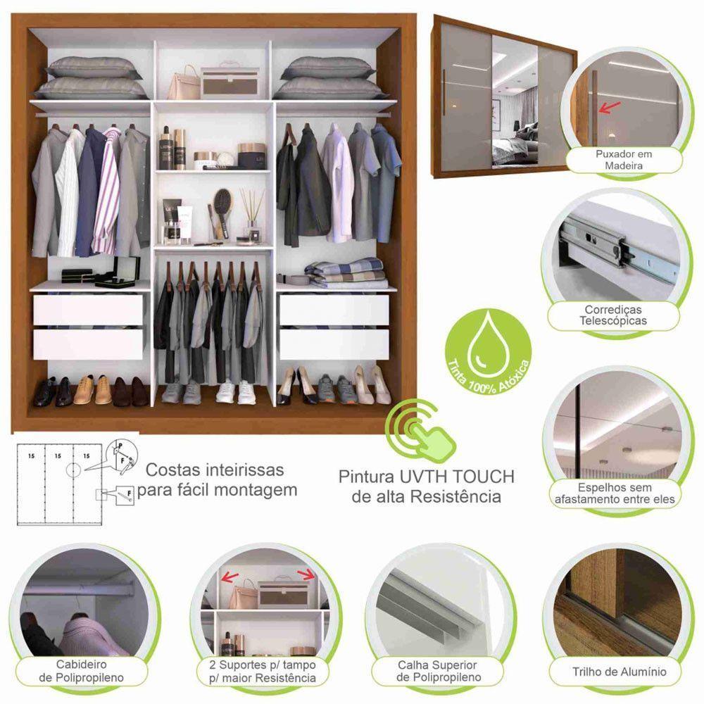 Guarda Roupa Casal 3 Portas 4 Gavetas Panamá Sallêto Móveis Cinamomo Com Off White - 5