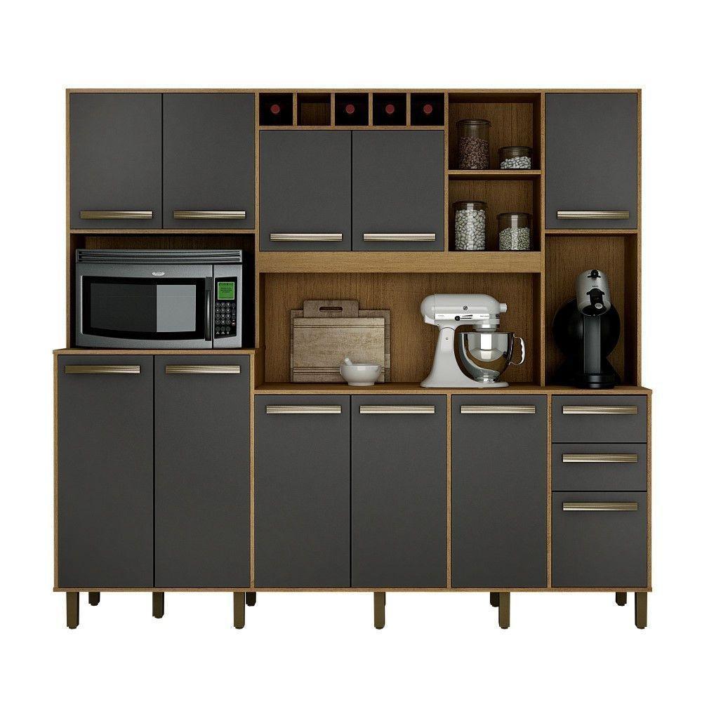 Armário De Cozinha Petra Cinamomo Com Grafite 11 Portas 2 Gavetas Valdemóveis Cinamomo Com Grafite - 1