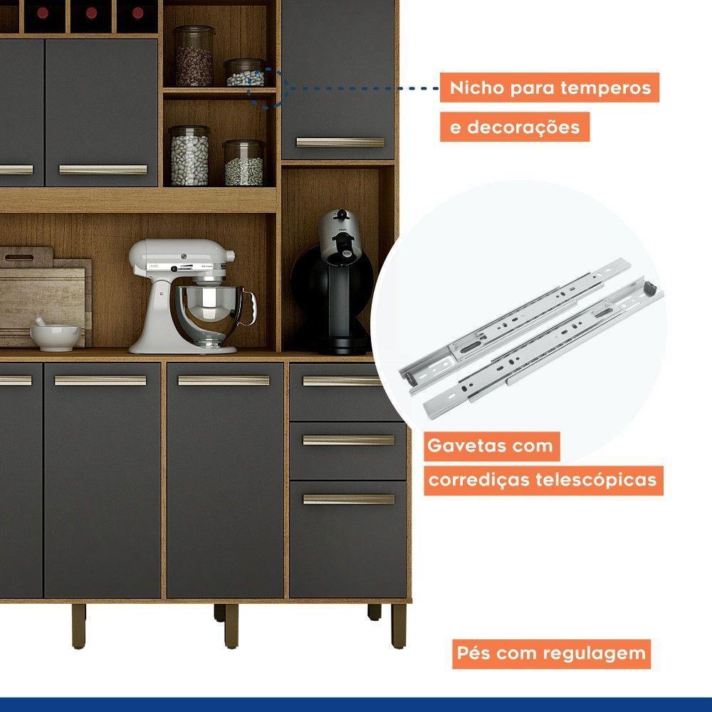 Armário De Cozinha Petra Cinamomo Com Grafite 11 Portas 2 Gavetas Valdemóveis Cinamomo Com Grafite - 2