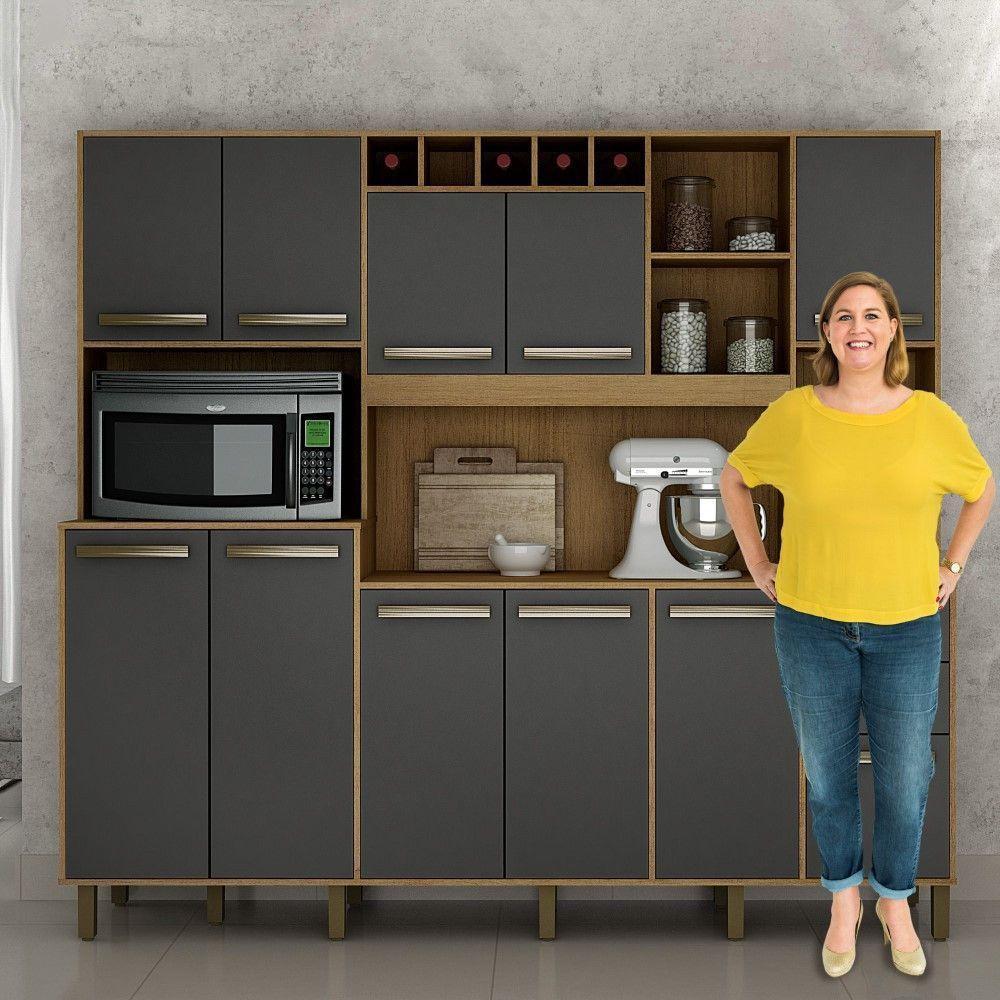 Armário De Cozinha Petra Cinamomo Com Grafite 11 Portas 2 Gavetas Valdemóveis Cinamomo Com Grafite - 4