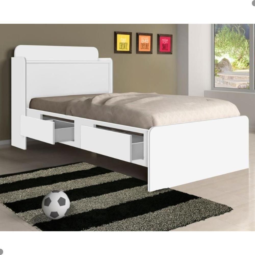 Cama Solteiro Tamires Baú Branco Com Gavetas - 1