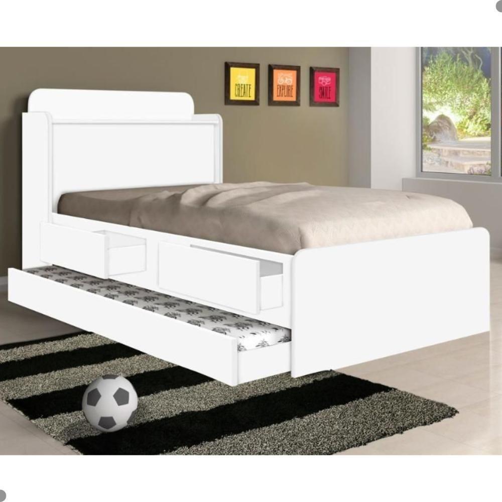 Cama Solteiro Tamires Baú Branco Com Auxiliar - 1