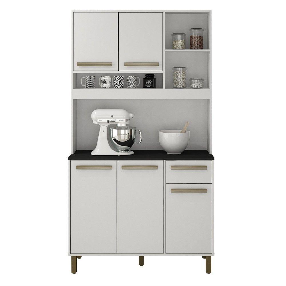 Armário De Cozinha Ametista Branco Com Preto 5 Portas 1 Gaveta E Nichos Valdemóveis Branco Com Preto - 1
