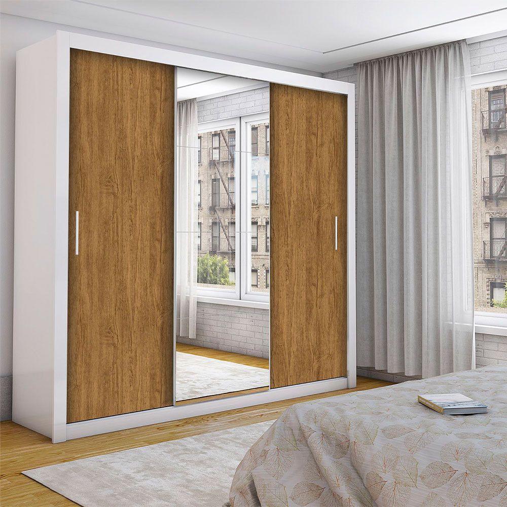 Guarda Roupa Casal Isabela Luxo Com Espelho 3 Portas De Correr 4 Gavetas Carioca Moveis Branco Com Freijó - 1