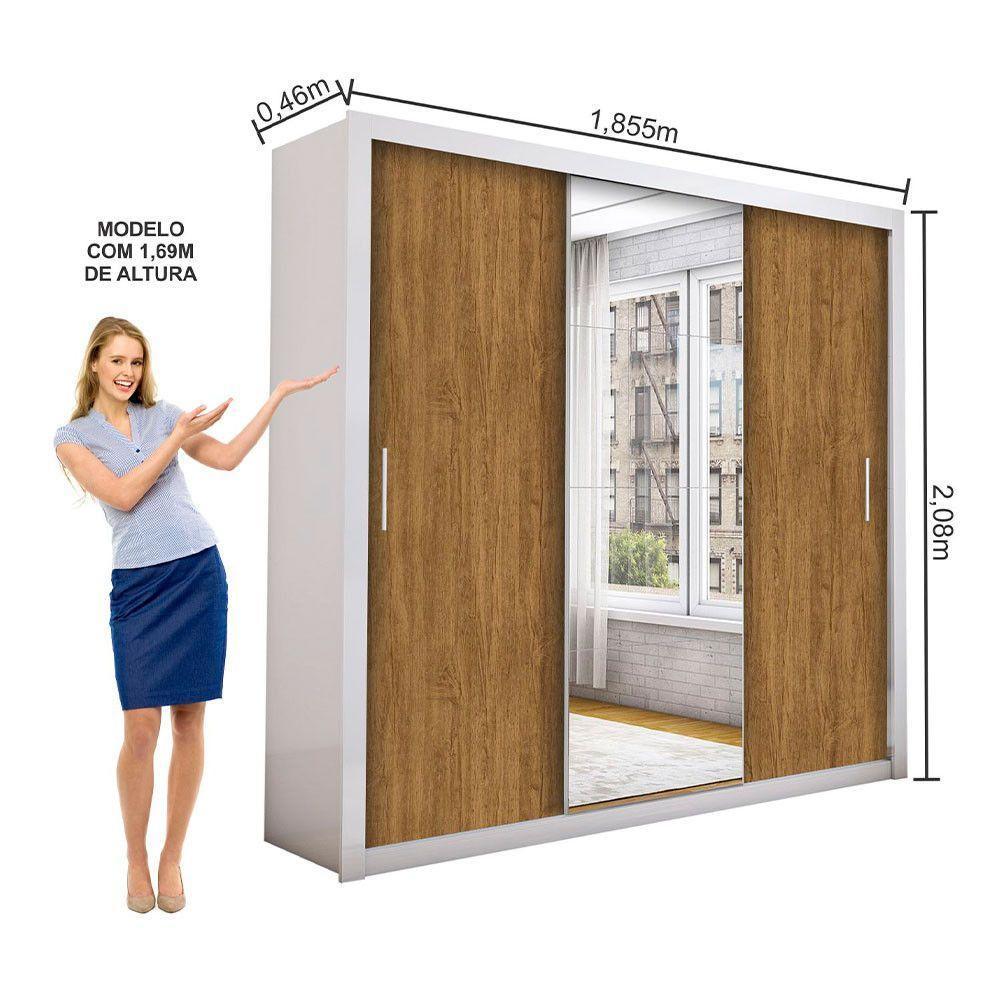 Guarda Roupa Casal Isabela Luxo Com Espelho 3 Portas De Correr 4 Gavetas Carioca Moveis Branco Com Freijó - 4