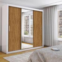 Guarda Roupa Casal Isabela Luxo Com Espelho 3 Portas De Correr 4 Gavetas Carioca Moveis Branco Com Freijó - 1