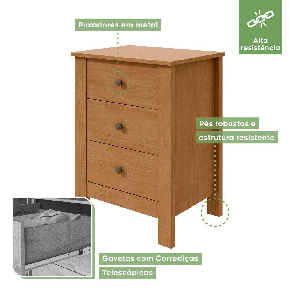 Mesa De Cabeceira Maggiore 3 Gavetas New Móveis Lopas Amendoa Clean - 6