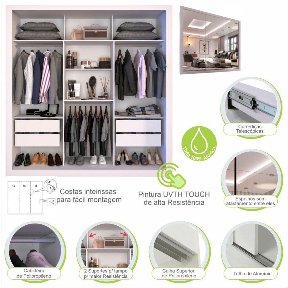 Guarda Roupa Casal Com Espelho 3 Portas 4 Gavetas Panamá Sallêto Móveis Branco - 2