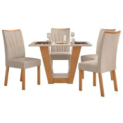 Conjunto Mesa Apogeu 120cm Tampo Mdf/vidro 4 Cadeiras Apogeu Amendoa/off/linho Bege