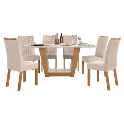 Conjunto Mesa Apogeu 160cm Tampo Mdf/vidro 6 Cadeiras Apogeu Amendoa/off/linho Bege
